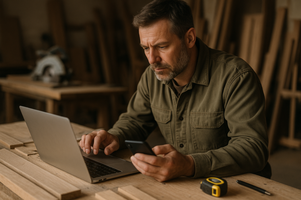 Ultra realistic image for The Joiner’s Guide to Workshop and Site Job Management. Focus: intimate interior detail shot with shallow depth of field, ultra realistic