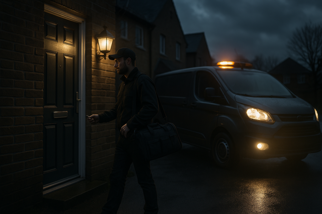 Ultra realistic image for The Locksmith’s Guide to Managing Emergency Callouts. Focus: wide cinematic exterior view with dramatic lighting, ultra realistic
