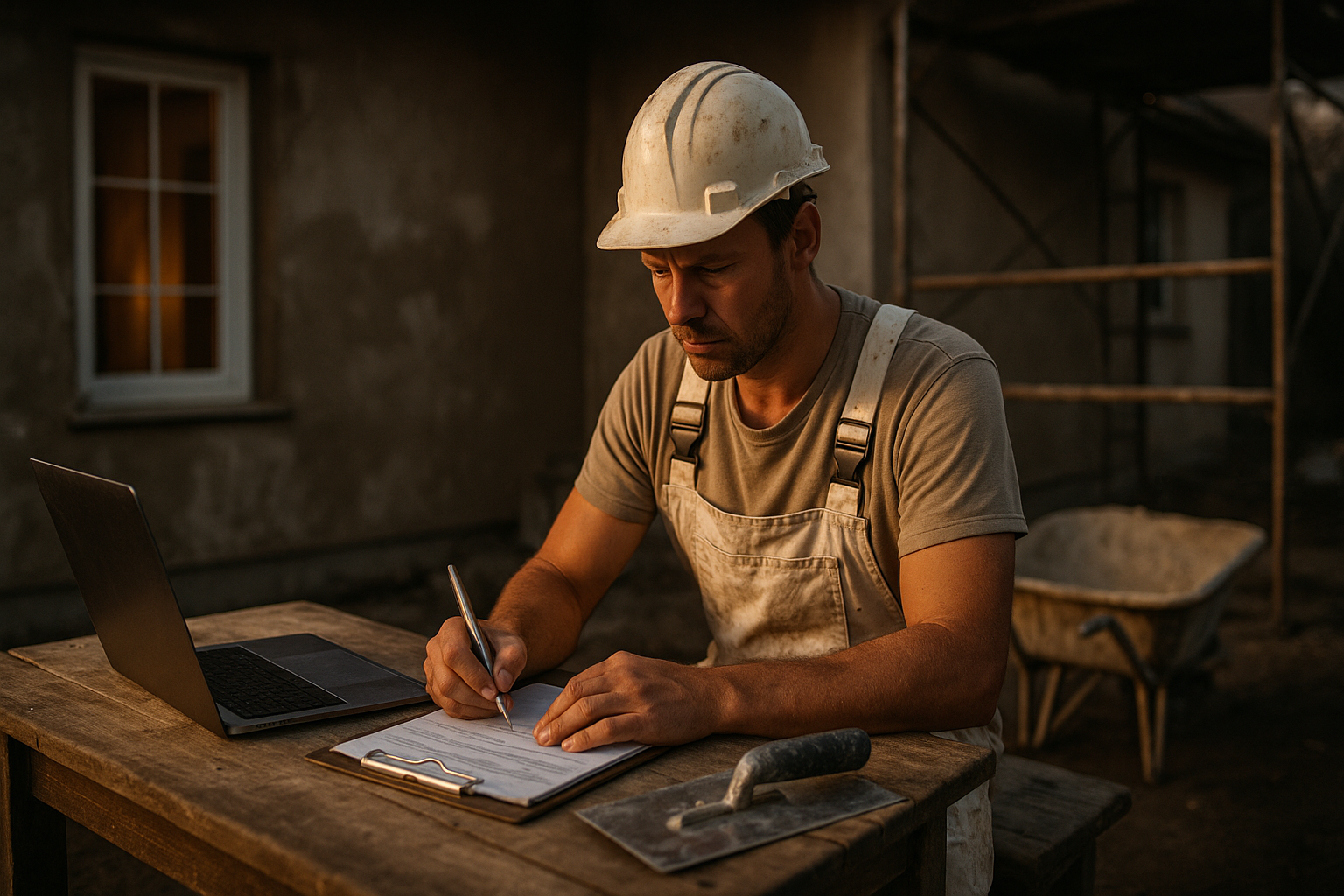 Ultra realistic image for The Plasterer’s Guide to Quoting and Invoicing. Focus: wide cinematic exterior view with dramatic lighting, ultra realistic