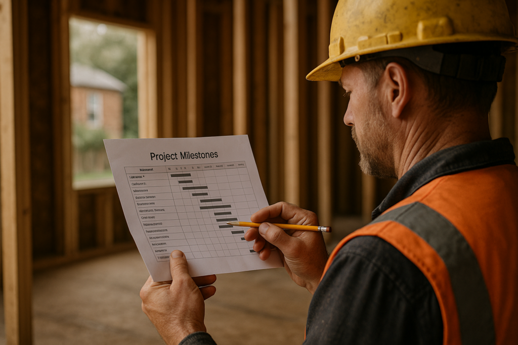 Ultra realistic image for The Small Builder’s Guide to Project Milestones. Focus: intimate interior detail shot with shallow depth of field, ultra realistic