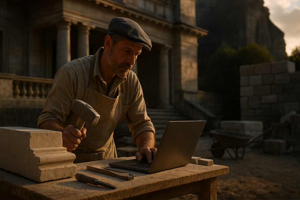 Ultra realistic image for The Stonemason’s Guide to Managing Bespoke Projects. Focus: wide cinematic exterior view with dramatic lighting, ultra realistic