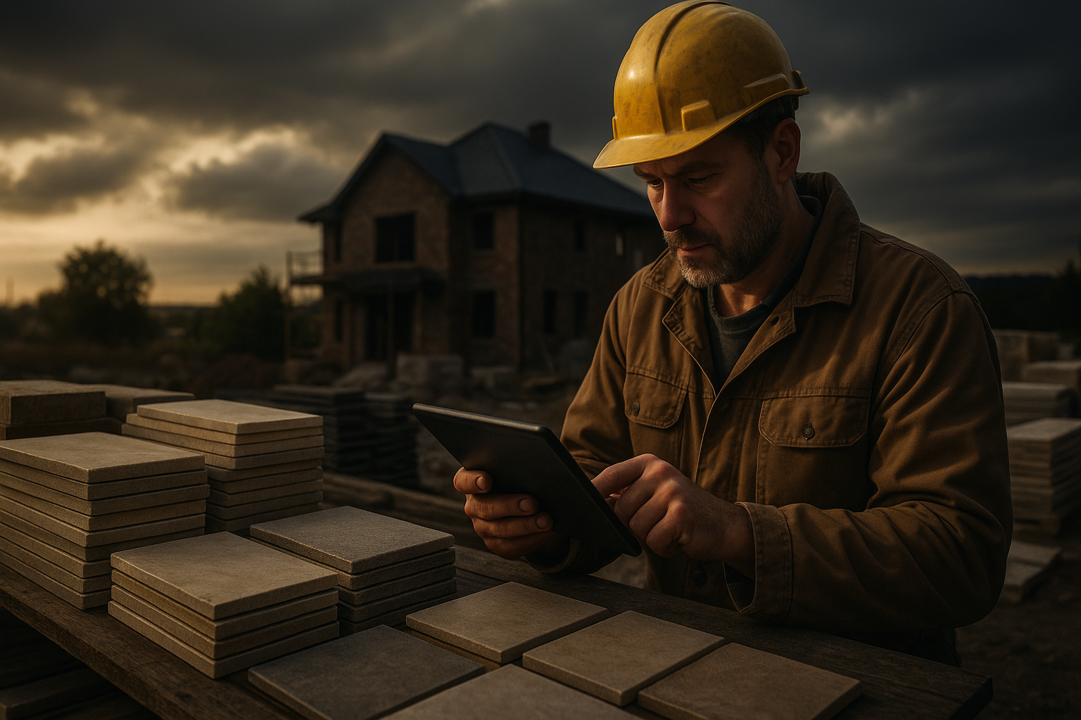 Ultra realistic image for The Tiler’s Guide to Material Cost Tracking. Focus: wide cinematic exterior view with dramatic lighting, ultra realistic