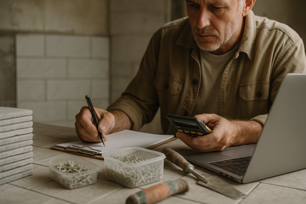 Ultra realistic image for The Tiler’s Guide to Material Cost Tracking. Focus: intimate interior detail shot with shallow depth of field, ultra realistic