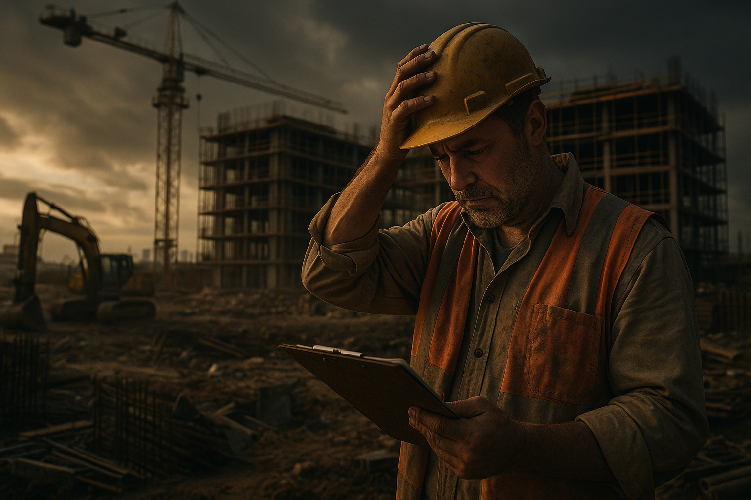 Ultra realistic image for The True Cost of Chasing Late Payments in Construction. Focus: wide cinematic exterior view with dramatic lighting, ultra realistic