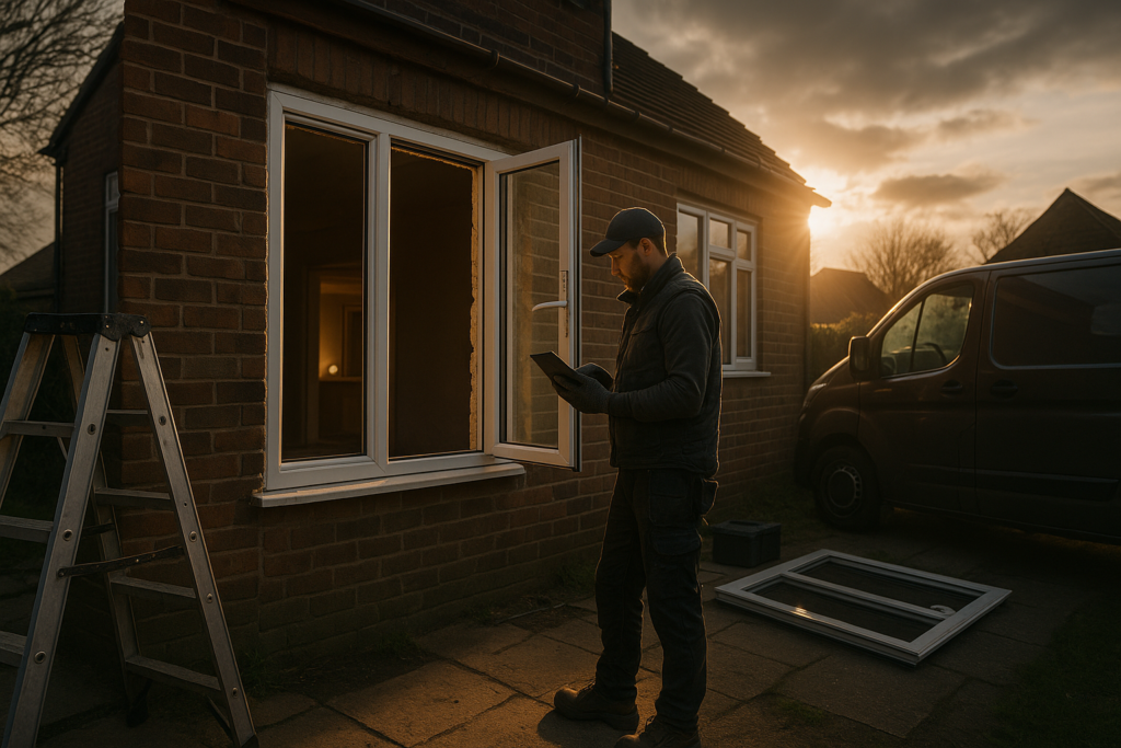 Ultra realistic image for The Window Fitter’s Guide to Managing Installations. Focus: wide cinematic exterior view with dramatic lighting, ultra realistic