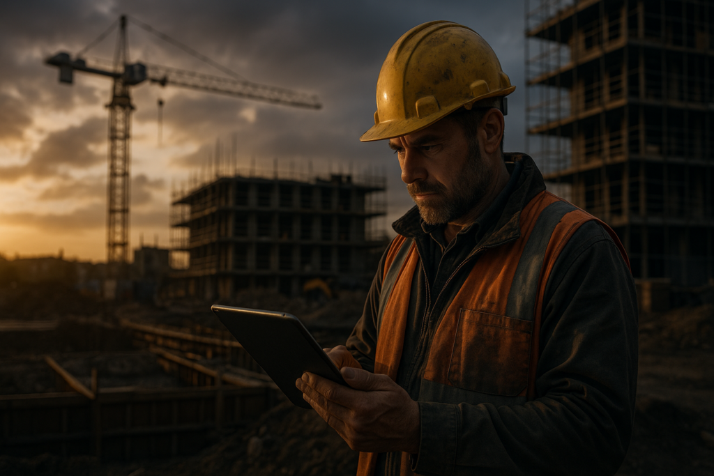 Ultra realistic image for Top 11 Construction Apps Used by Successful UK Builders. Focus: wide cinematic exterior view with dramatic lighting, ultra realistic