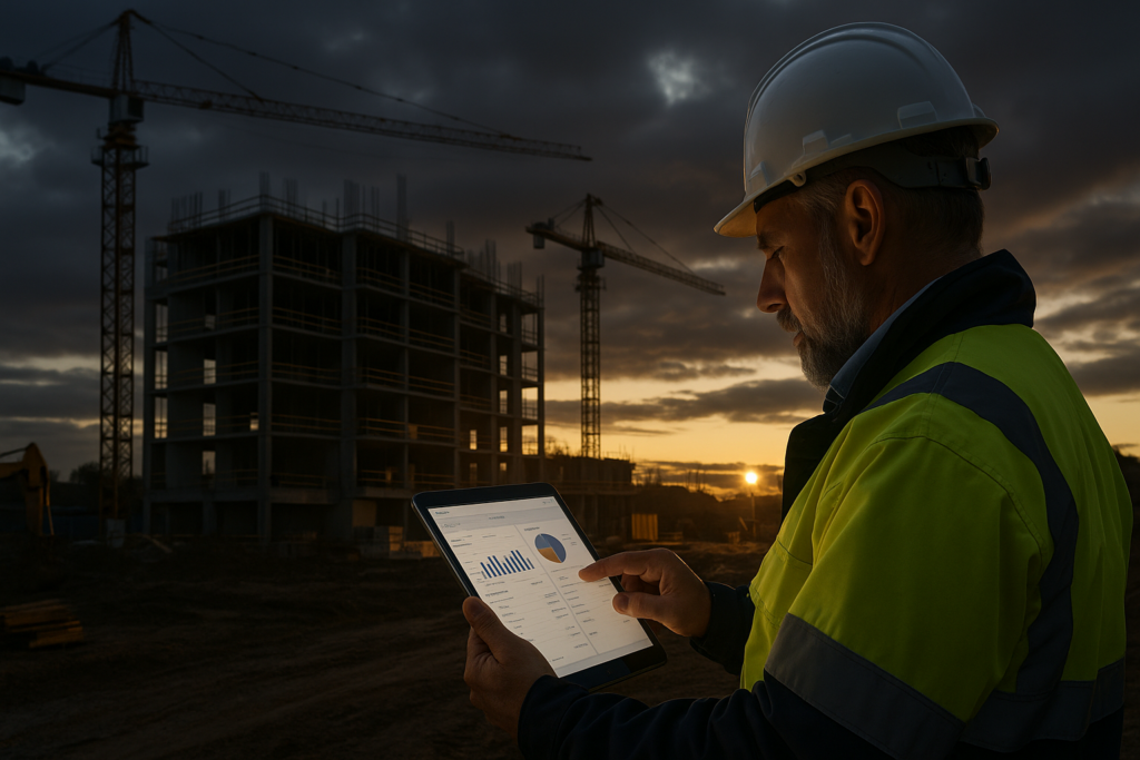Ultra realistic image for Top 12 Job Costing Tricks for UK Construction Firms. Focus: wide cinematic exterior view with dramatic lighting, ultra realistic