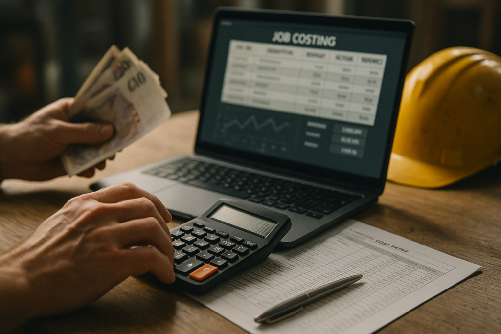 Ultra realistic image for Top 12 Job Costing Tricks for UK Construction Firms. Focus: intimate interior detail shot with shallow depth of field, ultra realistic