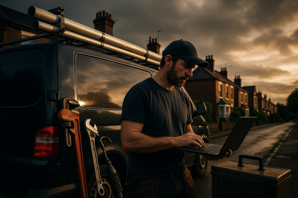 Ultra realistic image for Top 6 Time Saving Tools for UK Plumbers. Focus: wide cinematic exterior view with dramatic lighting, ultra realistic
