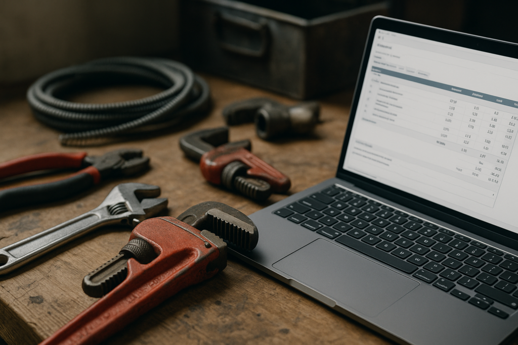 Ultra realistic image for Top 6 Time Saving Tools for UK Plumbers. Focus: intimate interior detail shot with shallow depth of field, ultra realistic