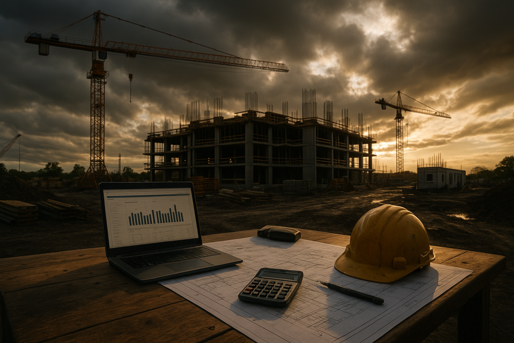 Ultra realistic image for Top 8 Tools for Accurate Budgeting in Construction. Focus: wide cinematic exterior view with dramatic lighting, ultra realistic