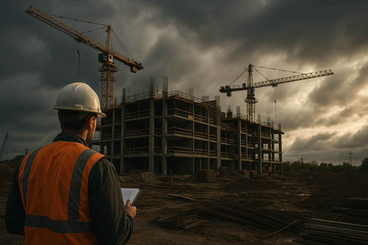 Ultra realistic image for Top 9 Signs Your Construction Business Needs Better Software. Focus: wide cinematic exterior view with dramatic lighting, ultra realistic