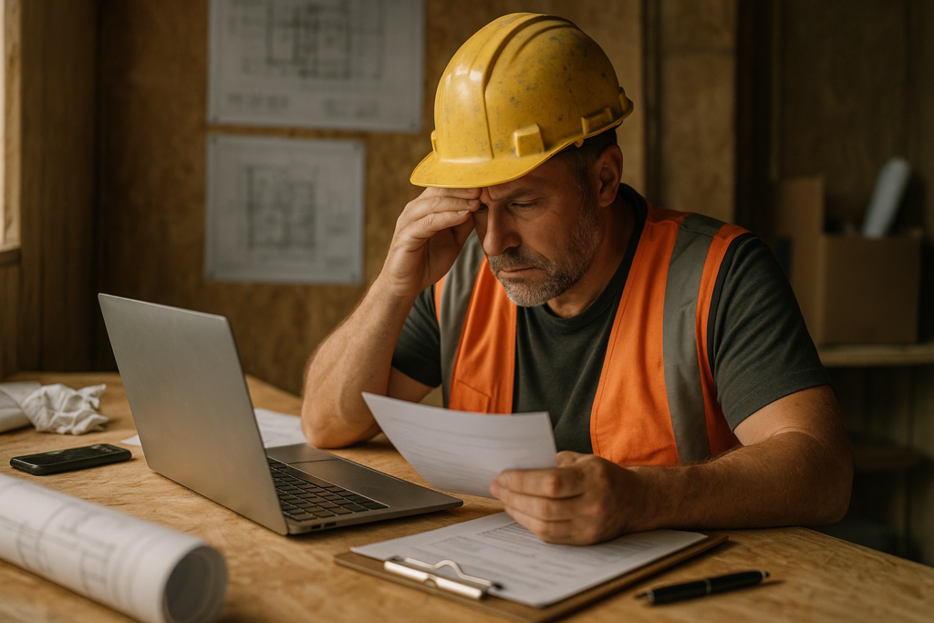 Ultra realistic image for Top 9 Signs Your Construction Business Needs Better Software. Focus: intimate interior detail shot with shallow depth of field, ultra realistic