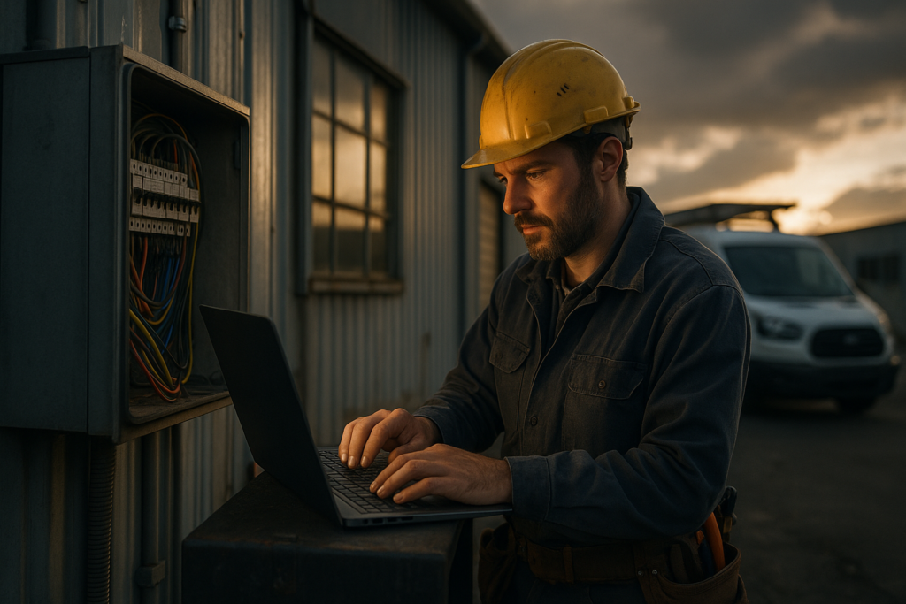 Ultra realistic image for Top Tools Small Electrical Teams Use to Stay Organised. Focus: wide cinematic exterior view with dramatic lighting, ultra realistic