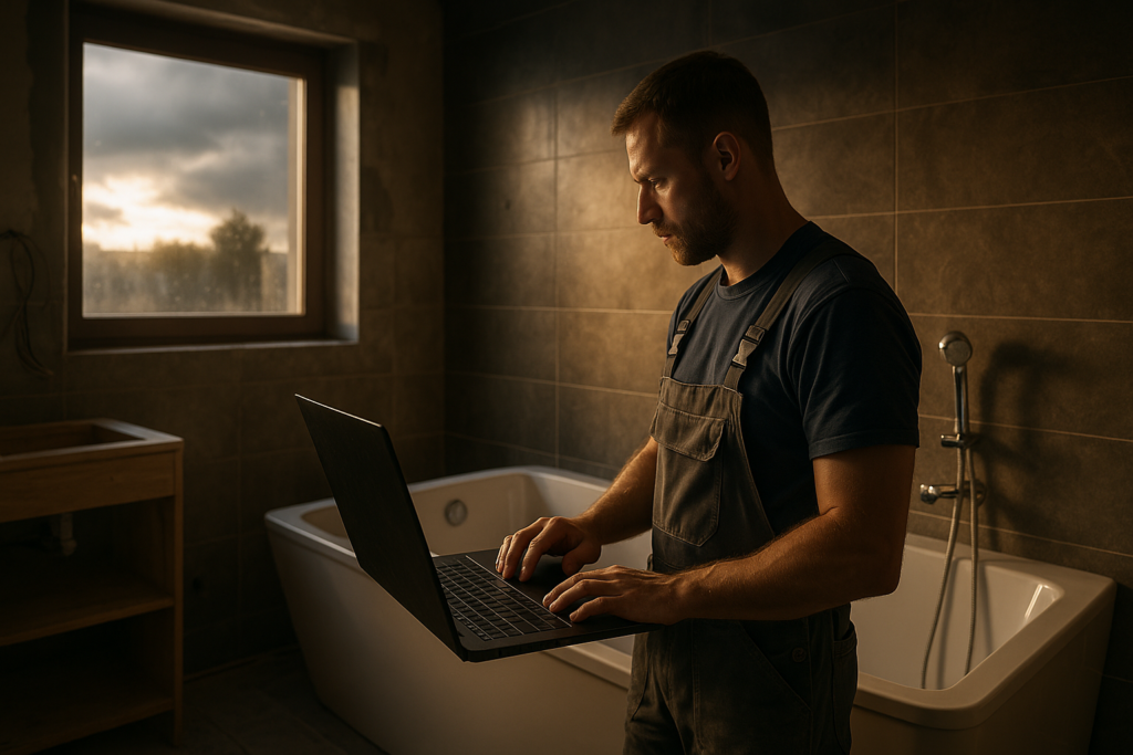 Ultra realistic image for Why Bathroom Fitters Are Switching to All-in-One Software. Focus: wide cinematic exterior view with dramatic lighting, ultra realistic