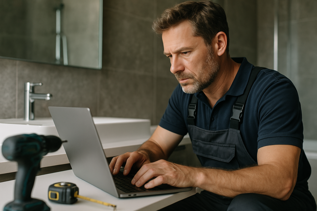 Ultra realistic image for Why Bathroom Fitters Are Switching to All-in-One Software. Focus: intimate interior detail shot with shallow depth of field, ultra realistic