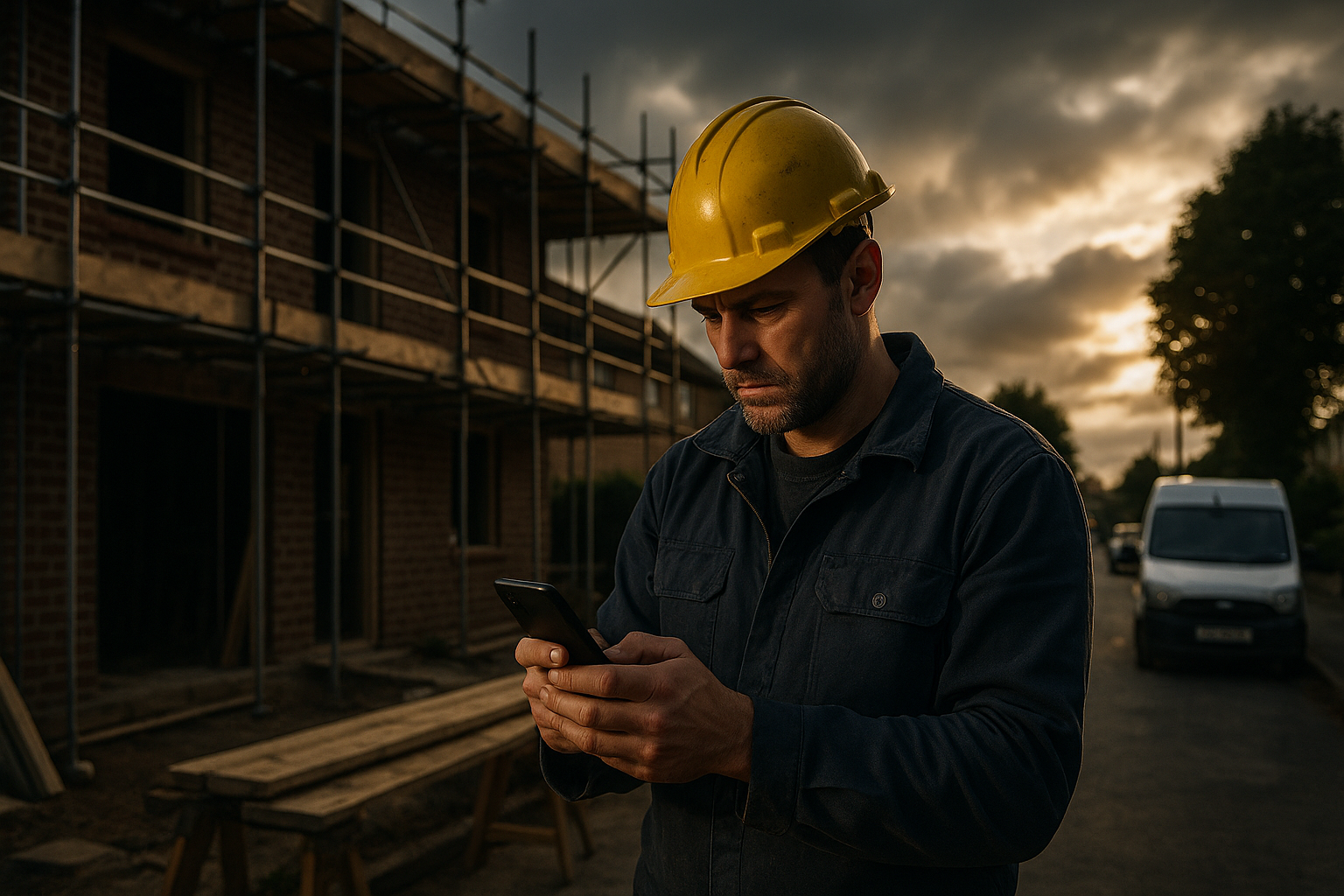 Ultra realistic image for Why ConstruX Is the Project Management Solution UK Tradesmen Have Been Waiting For. Focus: wide cinematic exterior view with dramatic lighting, ultra realistic