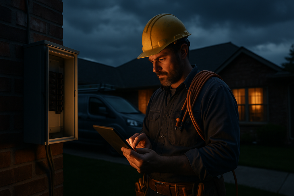Ultra realistic image for Why Electricians Trust Software for Workflow Control. Focus: wide cinematic exterior view with dramatic lighting, ultra realistic