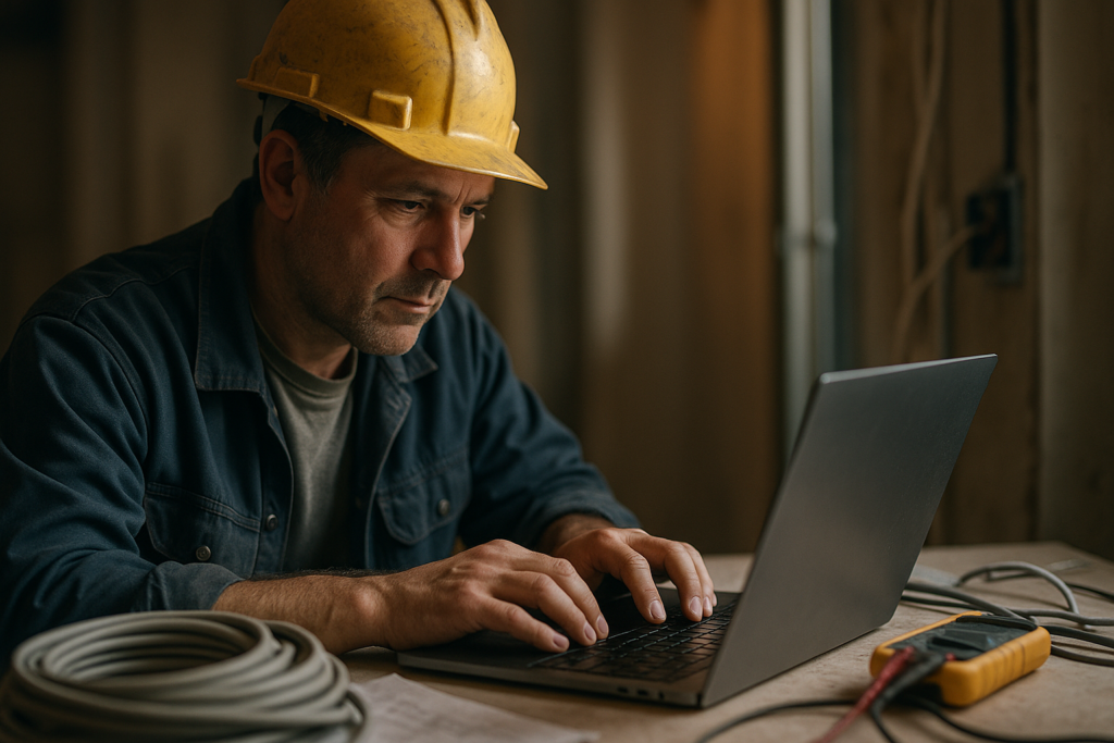 Ultra realistic image for Why Electricians Trust Software for Workflow Control. Focus: intimate interior detail shot with shallow depth of field, ultra realistic