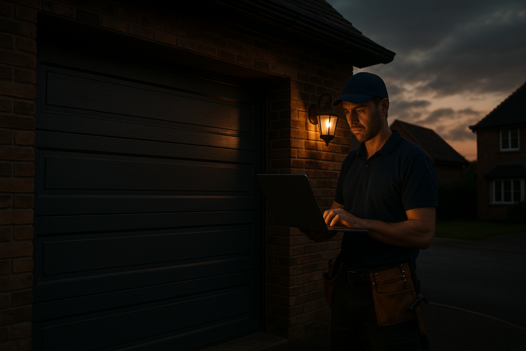Ultra realistic image for Why Garage Door Installers Need Customer Portals. Focus: wide cinematic exterior view with dramatic lighting, ultra realistic