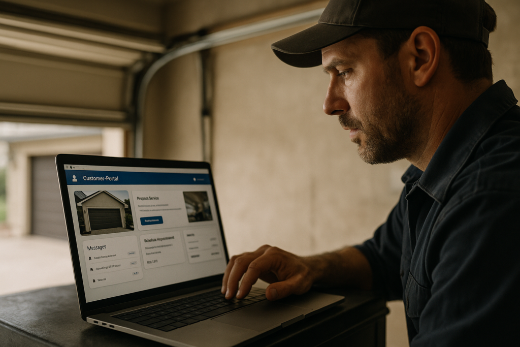 Ultra realistic image for Why Garage Door Installers Need Customer Portals. Focus: intimate interior detail shot with shallow depth of field, ultra realistic