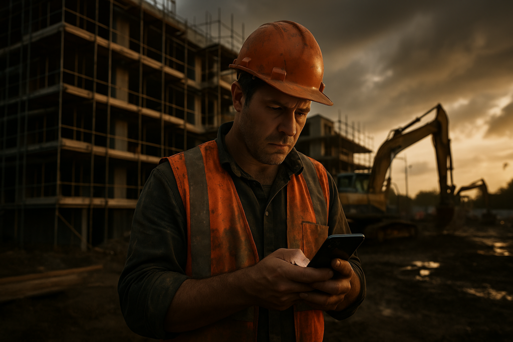 Ultra realistic image for Why General Builders Should Stop Using WhatsApp for Job Updates. Focus: wide cinematic exterior view with dramatic lighting, ultra realistic