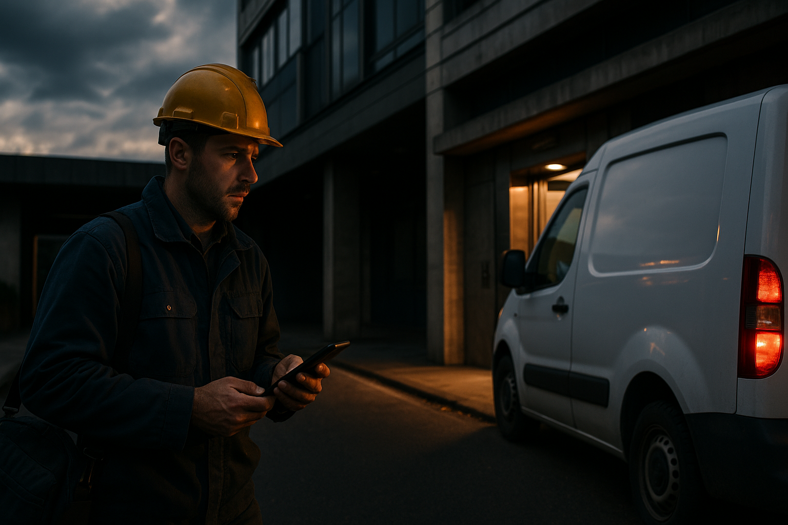 Ultra realistic image for Why Lift Engineers Need Real-Time Job Assignment. Focus: wide cinematic exterior view with dramatic lighting, ultra realistic