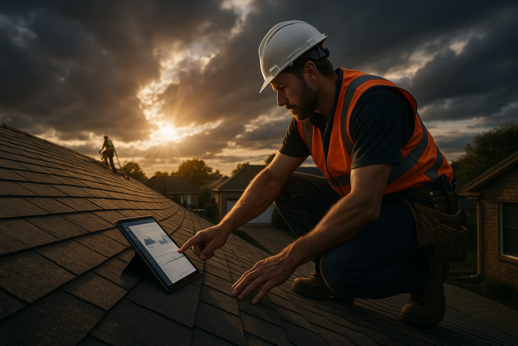 Ultra realistic image for Why Roofing Companies Need Real-Time Job Tracking. Focus: wide cinematic exterior view with dramatic lighting, ultra realistic