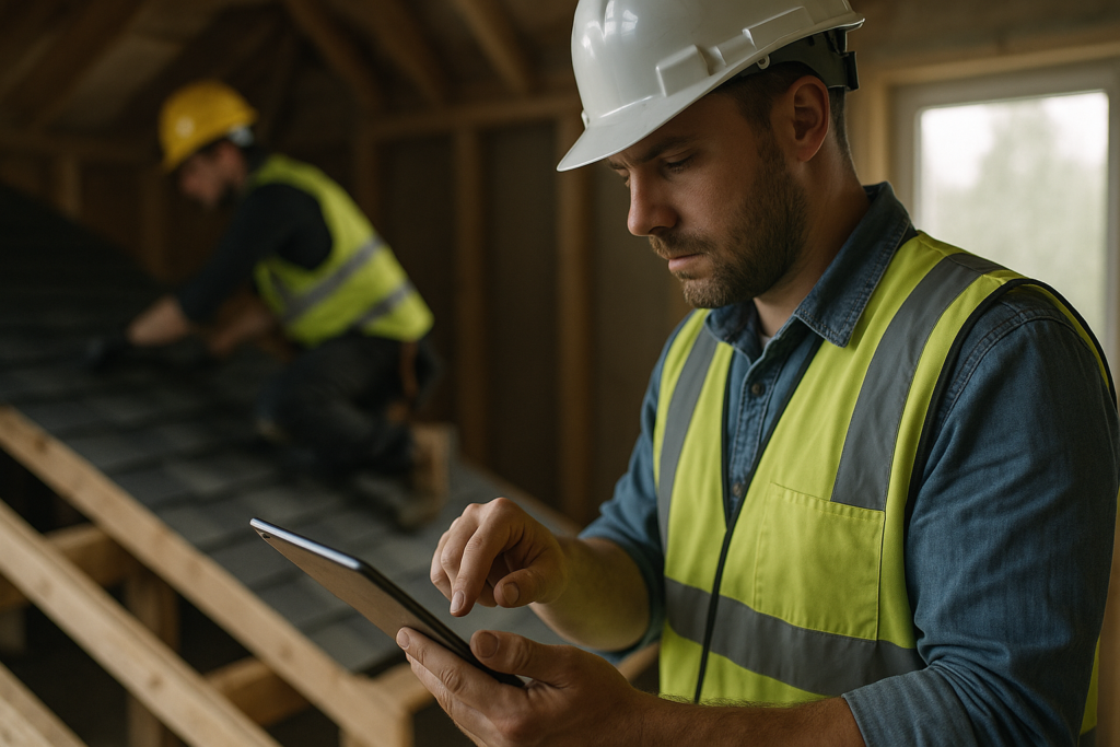 Ultra realistic image for Why Roofing Companies Need Real-Time Job Tracking. Focus: intimate interior detail shot with shallow depth of field, ultra realistic