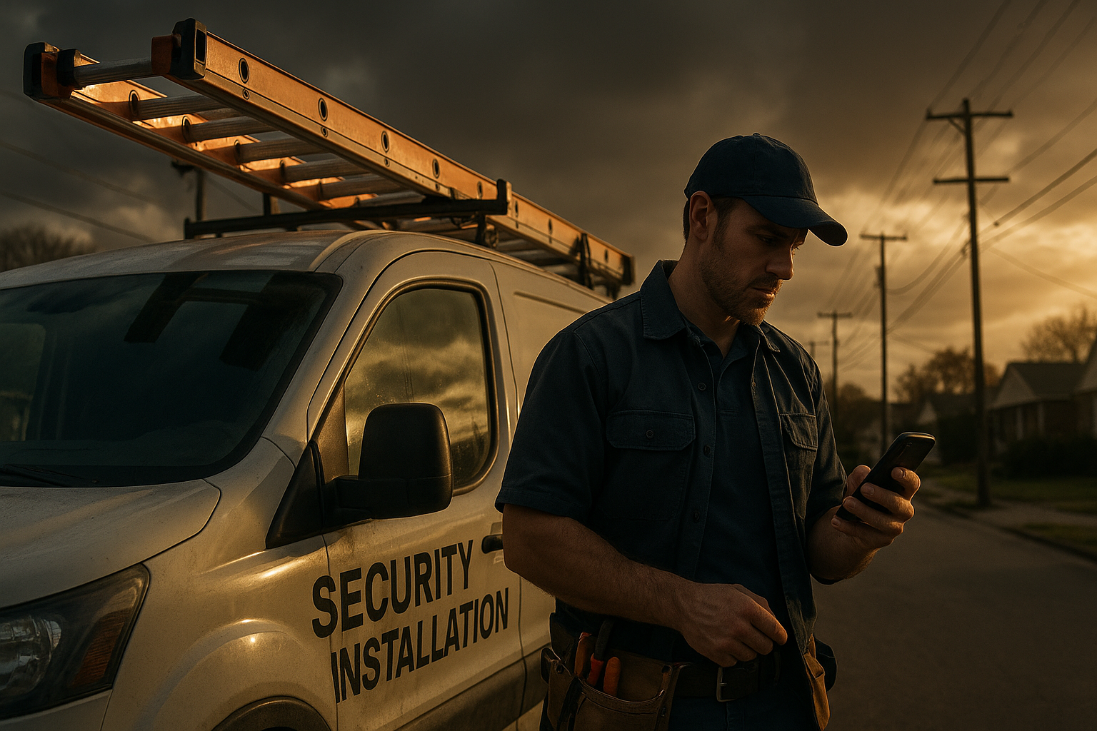 Ultra realistic image for Why Security Installation Companies Need GPS Tracking. Focus: wide cinematic exterior view with dramatic lighting, ultra realistic