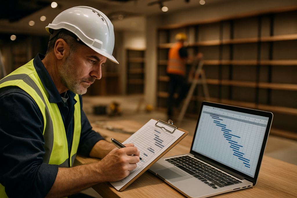 Ultra realistic image for Why Shopfitters Need Project Milestone Tracking. Focus: intimate interior detail shot with shallow depth of field, ultra realistic