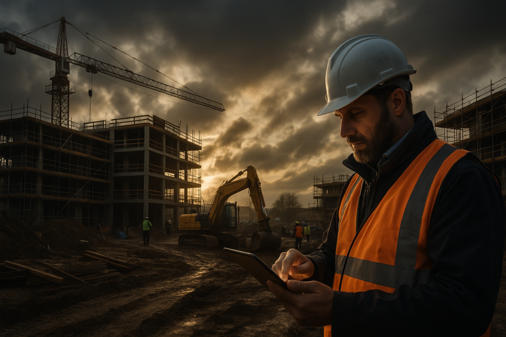 Ultra realistic image for Why Subcontractor Tools Improve UK Builder Efficiency. Focus: wide cinematic exterior view with dramatic lighting, ultra realistic