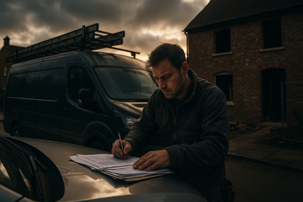 Ultra realistic image for Why Trade Businesses in the UK Need Tailored Project Management Software. Focus: wide cinematic exterior view with dramatic lighting, ultra realistic