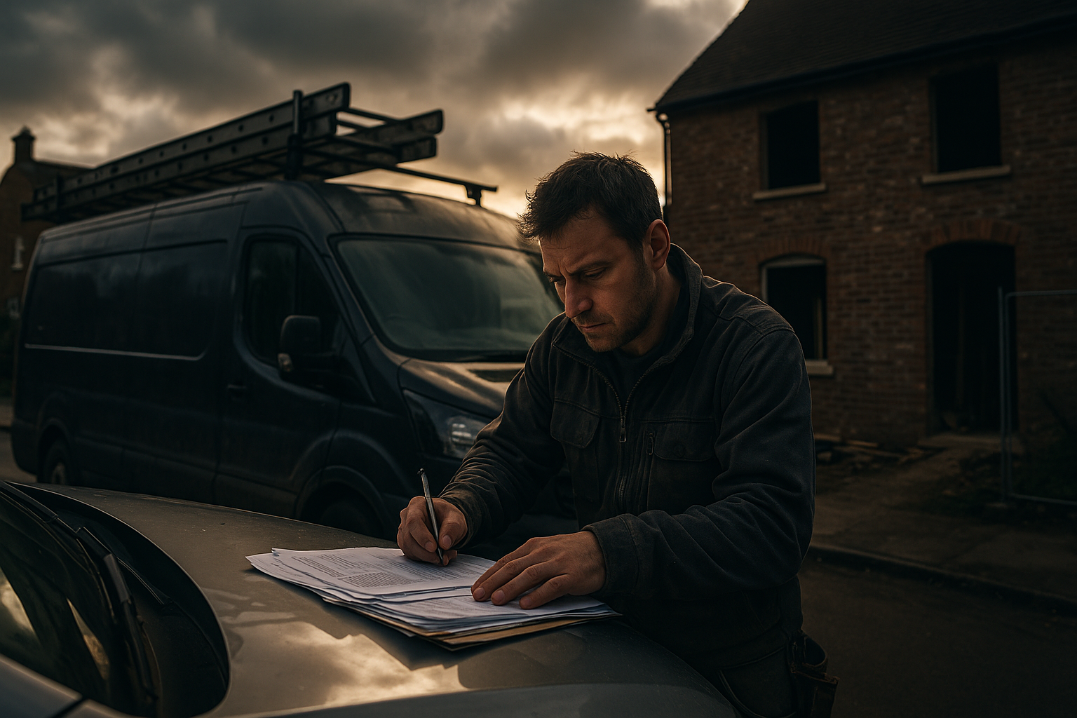 Ultra realistic image for Why Trade Businesses in the UK Need Tailored Project Management Software. Focus: wide cinematic exterior view with dramatic lighting, ultra realistic