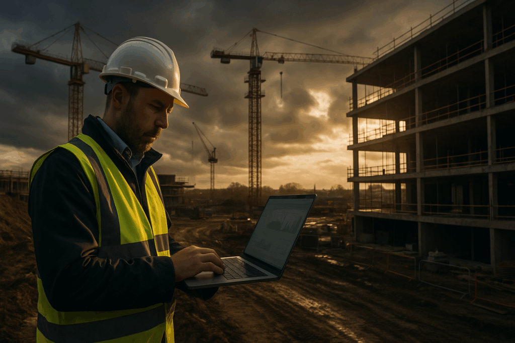 Ultra realistic image for Why UK Contractors Need Real Time Project Visibility. Focus: wide cinematic exterior view with dramatic lighting, ultra realistic
