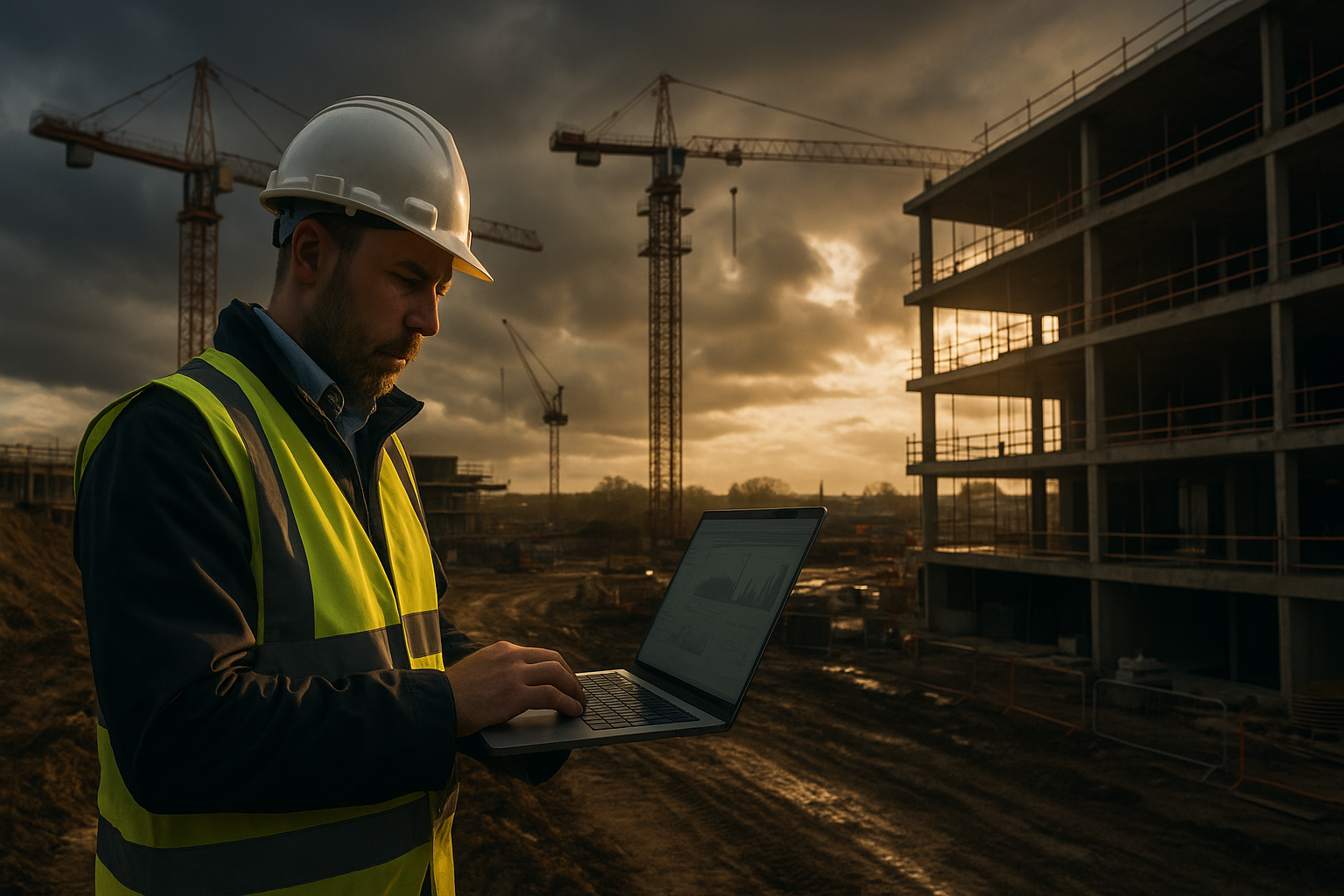 Ultra realistic image for Why UK Contractors Need Real Time Project Visibility. Focus: wide cinematic exterior view with dramatic lighting, ultra realistic