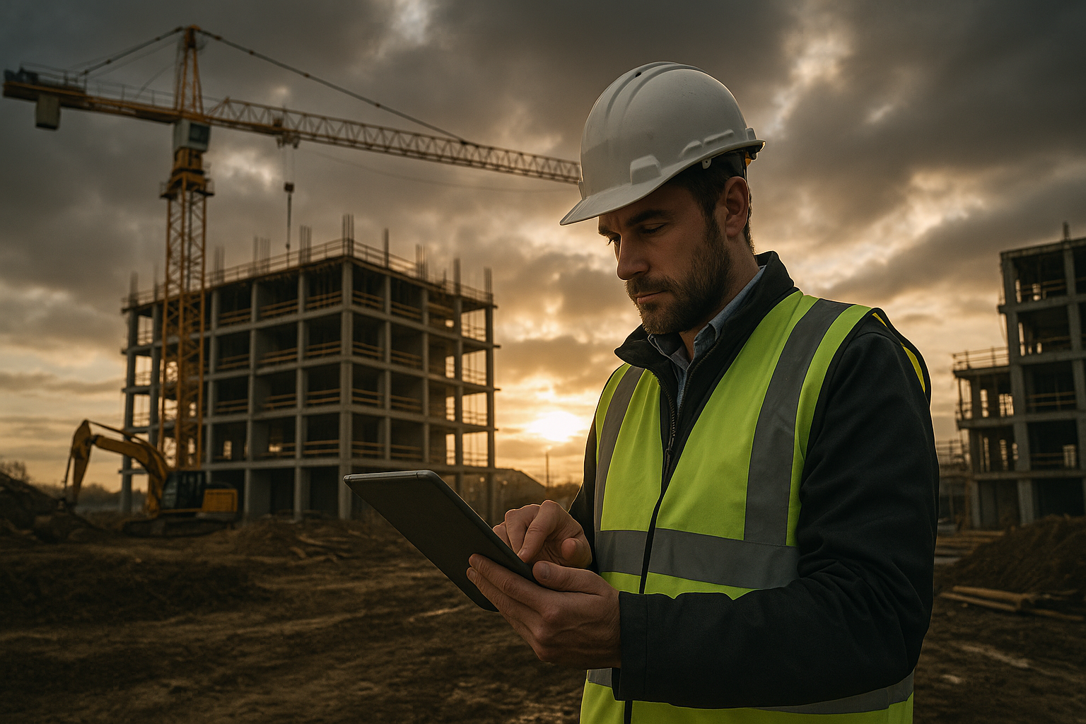 Ultra realistic image for Why UK Contractors Should Automate Daily Reports. Focus: wide cinematic exterior view with dramatic lighting, ultra realistic