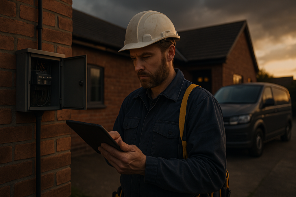 Ultra realistic image for Why UK Electricians Use Digital Job Cards. Focus: wide cinematic exterior view with dramatic lighting, ultra realistic