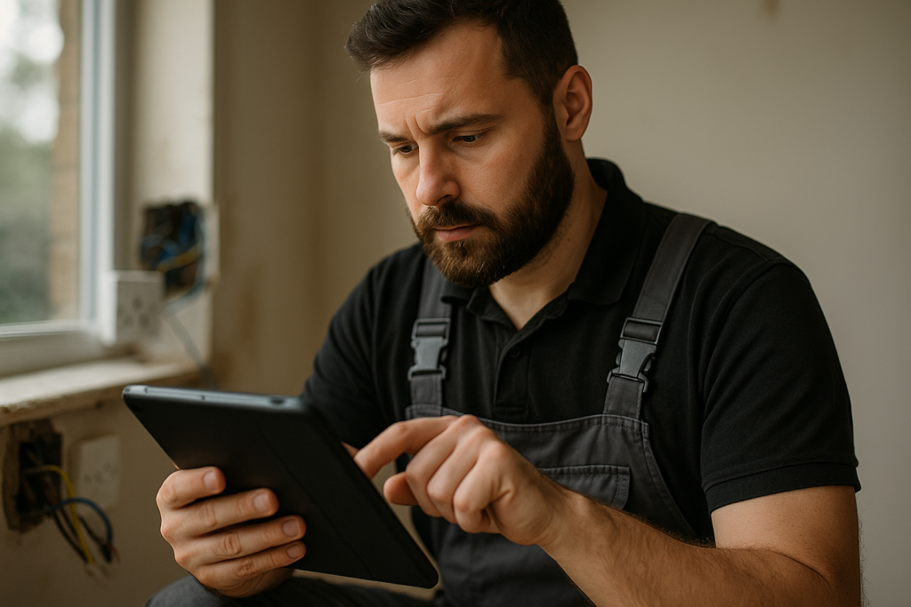 Ultra realistic image for Why UK Electricians Use Digital Job Cards. Focus: intimate interior detail shot with shallow depth of field, ultra realistic