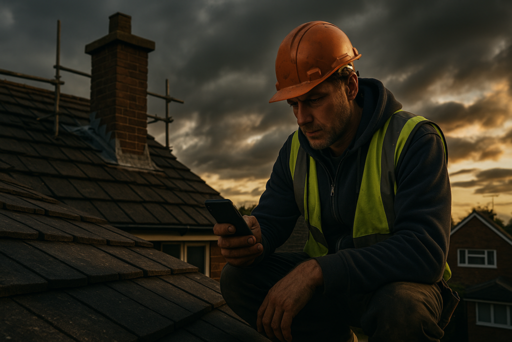 Ultra realistic image for Why UK Roofing Contractors Use Job Apps to Grow. Focus: wide cinematic exterior view with dramatic lighting, ultra realistic