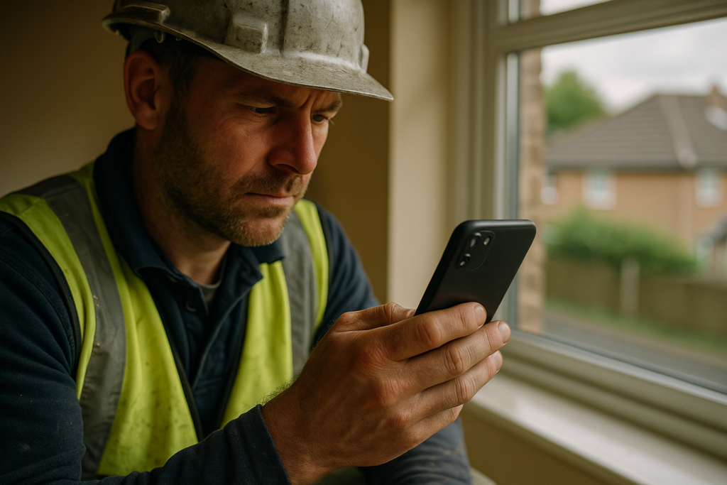 Ultra realistic image for Why UK Roofing Contractors Use Job Apps to Grow. Focus: intimate interior detail shot with shallow depth of field, ultra realistic