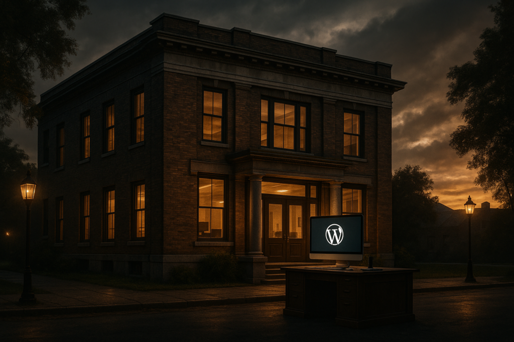 Ultra realistic image for Why WordPress-Based Job Management Beats SaaS Competitors. Focus: wide cinematic exterior view with dramatic lighting, ultra realistic