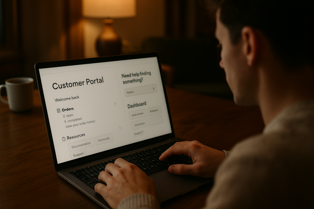 Ultra realistic image for Why Your Customer Portal Is Your Best Sales Tool. Focus: intimate interior detail shot with shallow depth of field, ultra realistic