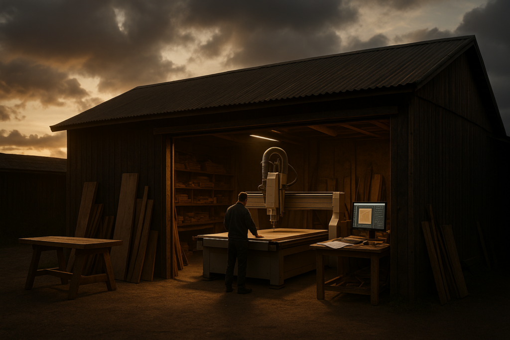 Ultra realistic image for Woodworking Shops Simplify Orders With Smart Tools. Focus: wide cinematic exterior view with dramatic lighting, ultra realistic