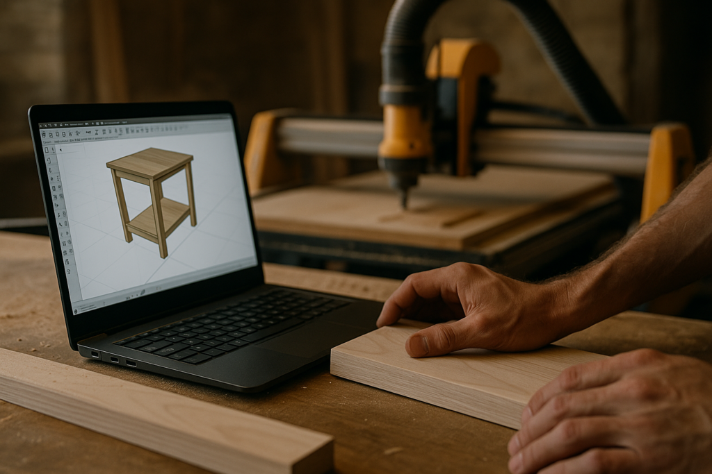 Ultra realistic image for Woodworking Shops Simplify Orders With Smart Tools. Focus: intimate interior detail shot with shallow depth of field, ultra realistic