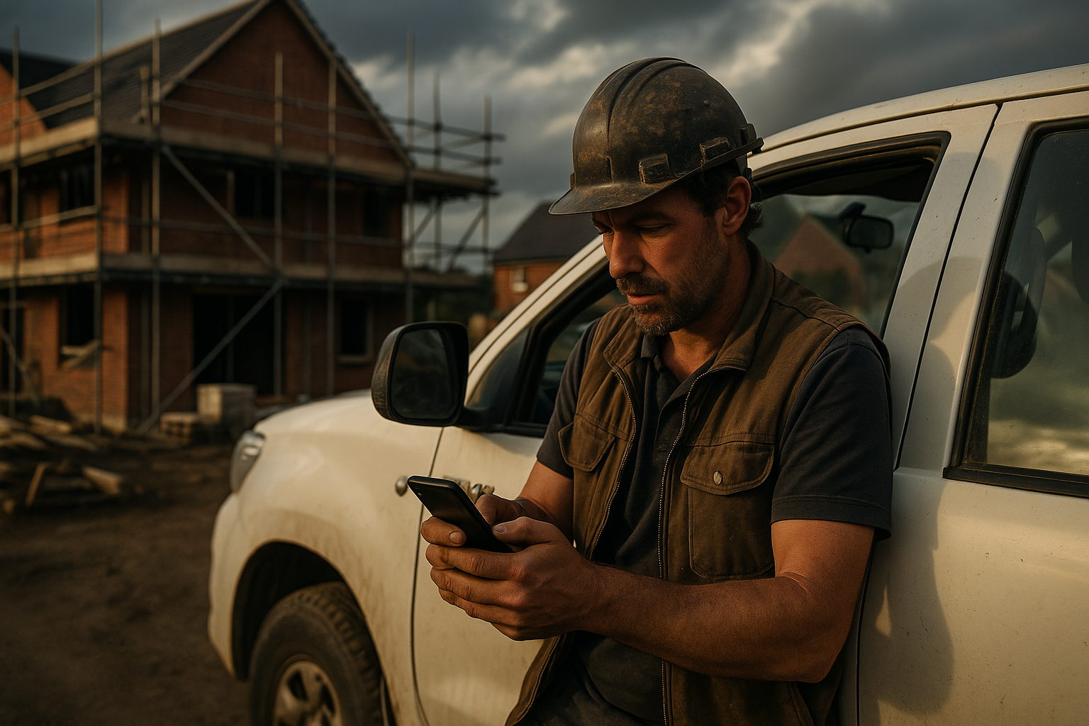 Ultra realistic image for How ConstruX Simplifies Job Management for UK Tradesmen. Focus: wide cinematic exterior view with dramatic lighting, ultra realistic
