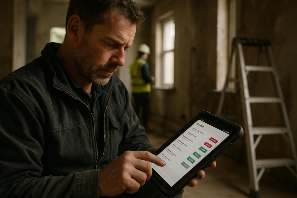 Ultra realistic image for How ConstruX Simplifies Job Management for UK Tradesmen. Focus: intimate interior detail shot with shallow depth of field, ultra realistic
