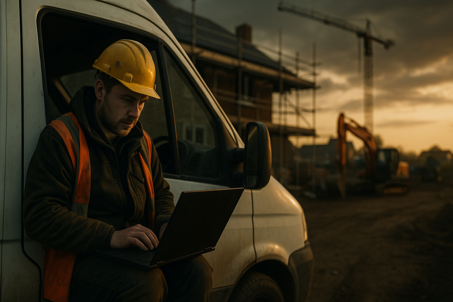 Ultra realistic image for How ConstruX Simplifies Job Management for UK Tradesmen and Contractors. Focus: wide cinematic exterior view with dramatic lighting, ultra realistic