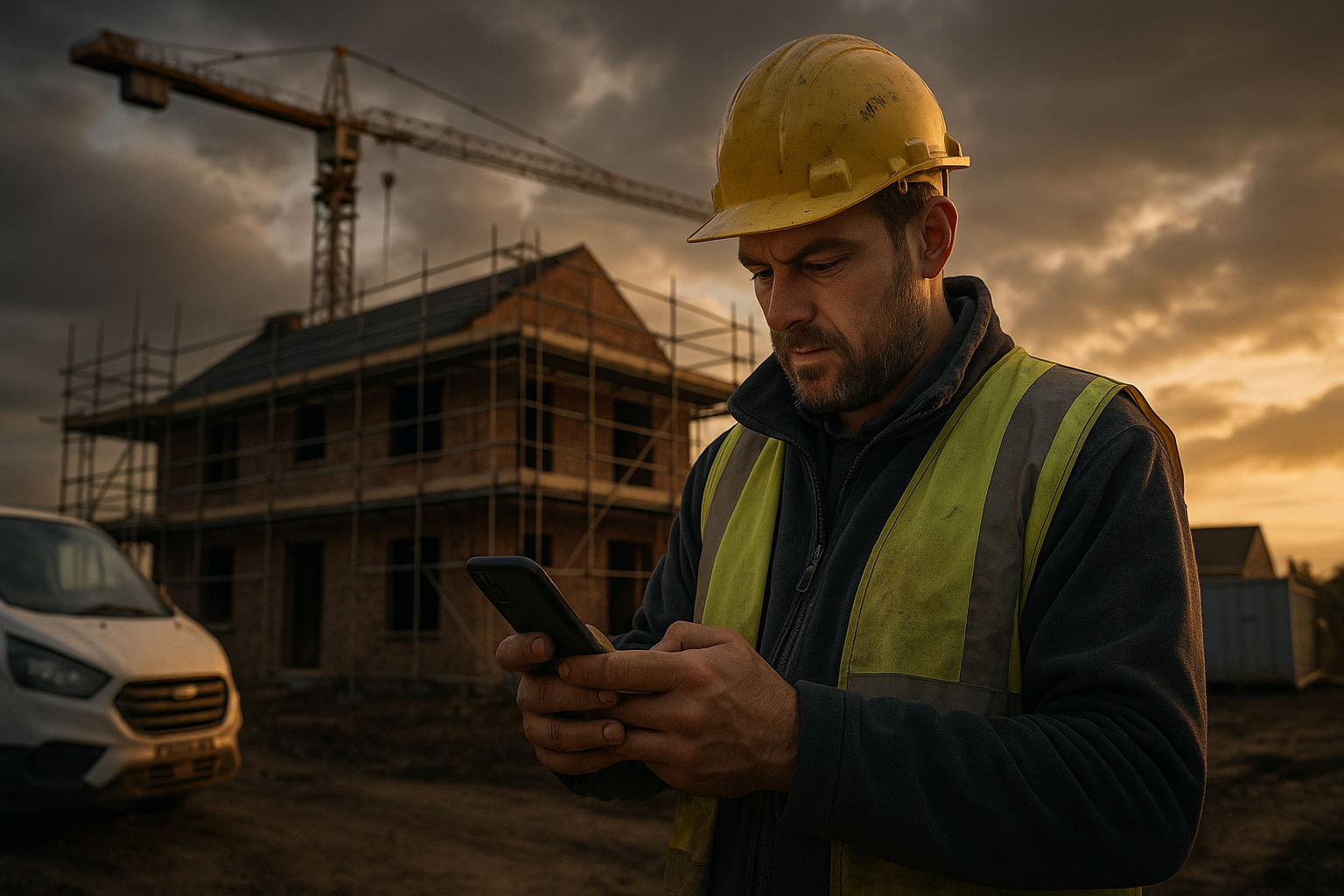 Ultra realistic image for How ConstruX Simplifies Project Management for UK Trade Businesses. Focus: wide cinematic exterior view with dramatic lighting, ultra realistic