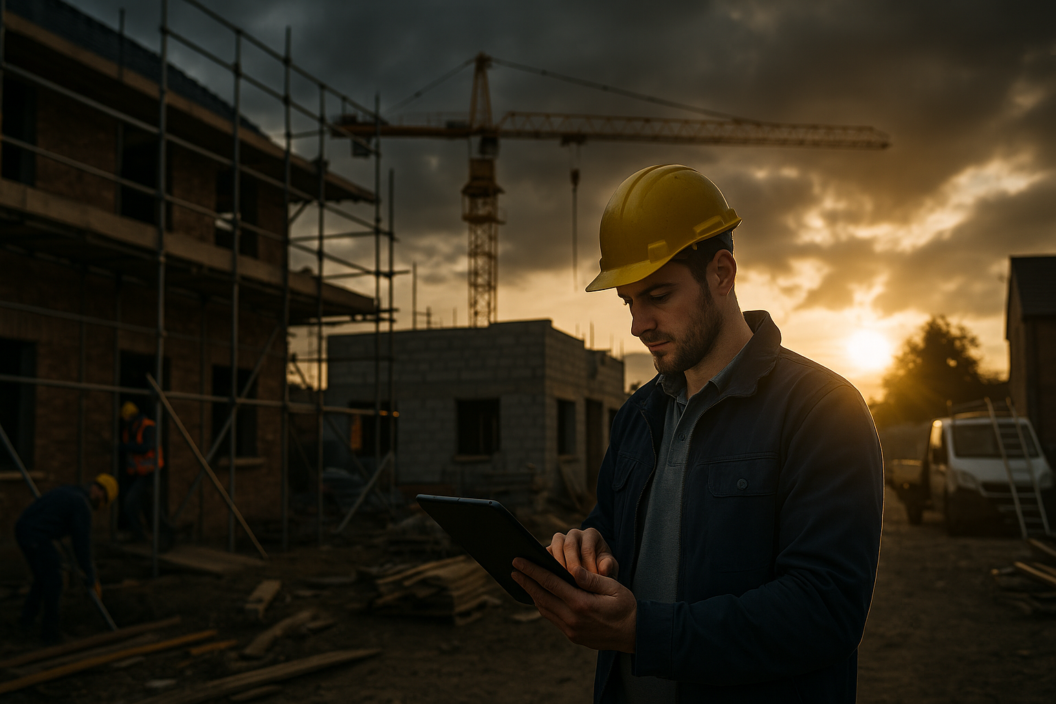 Ultra realistic image for How ConstruX Simplifies Project Management for UK Trades Businesses. Focus: wide cinematic exterior view with dramatic lighting, ultra realistic